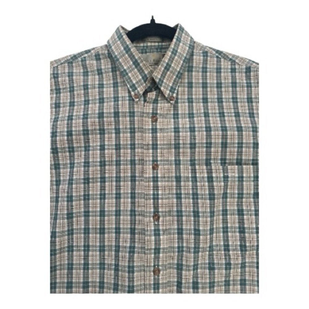 VTG Bill Blass Men's L Green Plaid Print Short Sleeve Button Down Collared Shirt